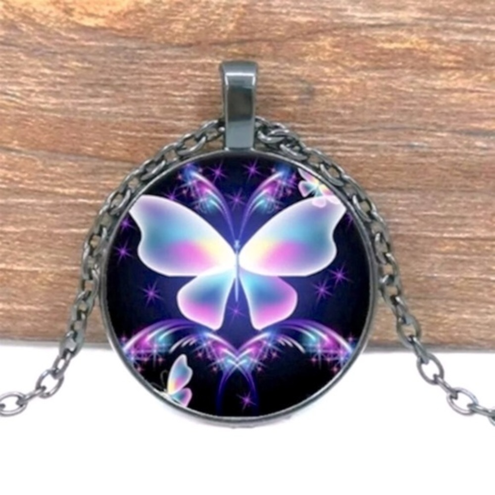 Neon Butterfly Cabochon Glass Pendant Necklace